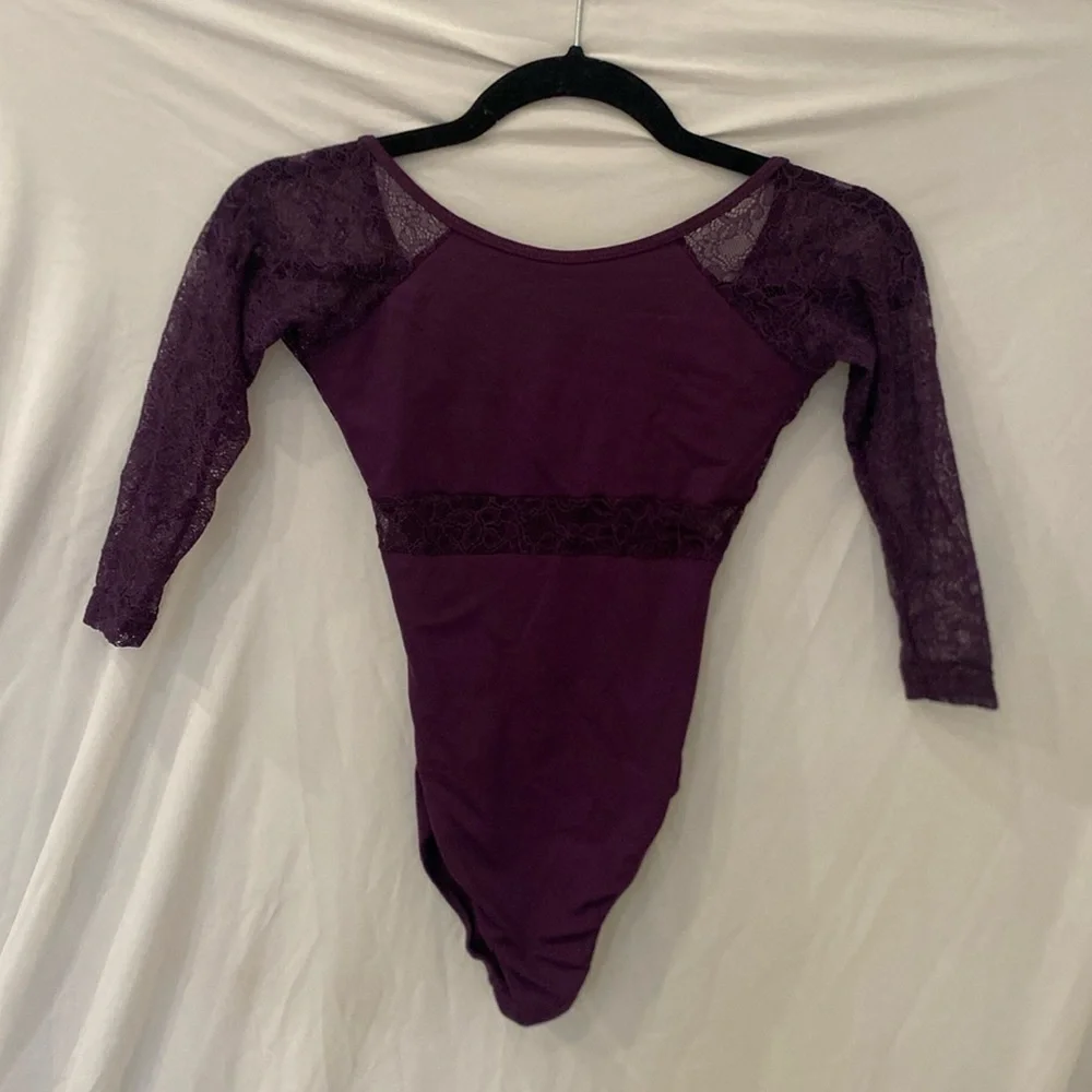 Natalie Couture girls leotard lace 3/4 sleeve purple ballet leotard